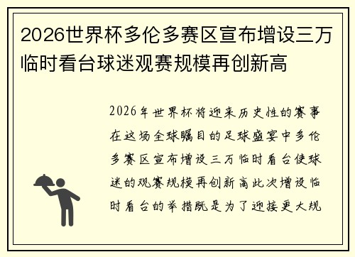 2026世界杯多伦多赛区宣布增设三万临时看台球迷观赛规模再创新高