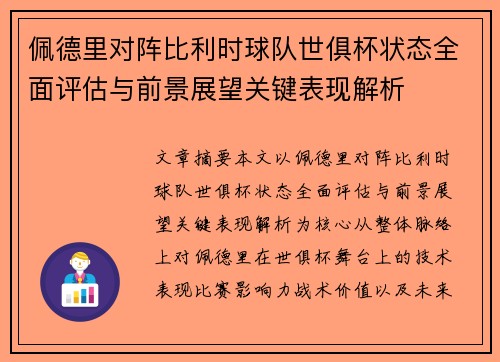 佩德里对阵比利时球队世俱杯状态全面评估与前景展望关键表现解析